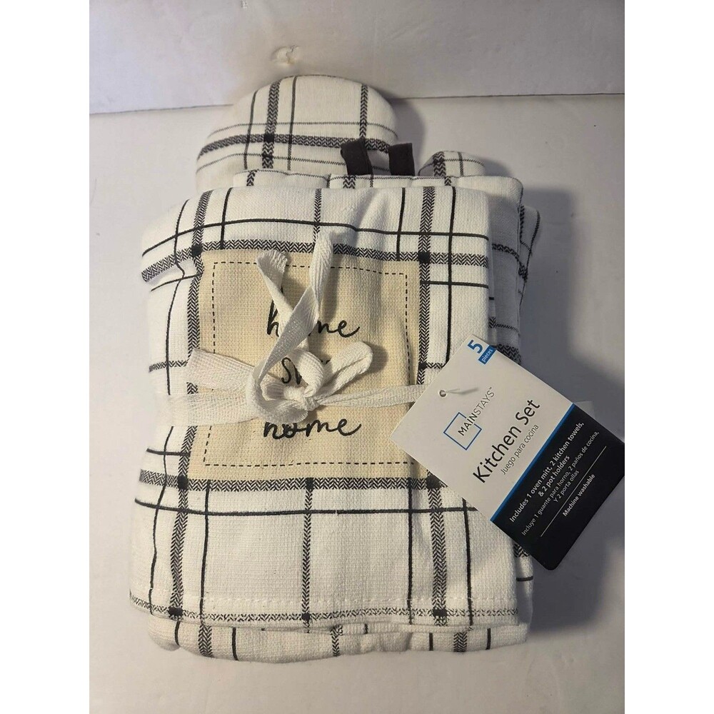 New Set of 5 Mainstays Kitchen Oven Mitt & Hand Towels Home Sweet Home